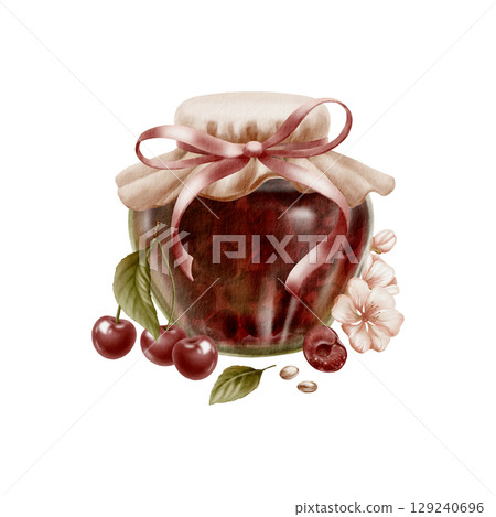 Cherry jam in glass jar covered fabric lid with ribbon bow,cherries,leaves,beans.Watercolor illustration isolated on white.Marmelade jar,cherries,flowers leaves with pits in vintage style Cherry jam in glass jar covered fabric lid with ribbon bow,cherries,leaves,beans.Watercolor illustration isolated on white.Marmelade jar,cherries,flowers leaves with pits in vintage style 129240696