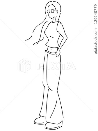 一位戴著太陽眼鏡和牛仔褲的女士的線條畫 129240779