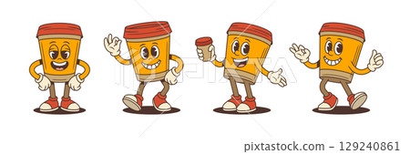 Funny Cartoon Coffee Cup Mascot Characters With Smiles Gloves And Sneakers Colorful Vector Illustration Funny Cartoon Coffee Cup Mascot Characters With Smiles Gloves And Sneakers Colorful Vector Illustration 129240861