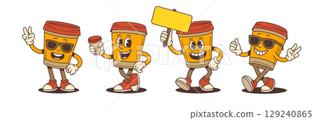 Cool Cartoon Coffee Cup Mascots With Sunglasses Dance Pose And Signs Fun Vector Illustration Cool Cartoon Coffee Cup Mascots With Sunglasses Dance Pose And Signs Fun Vector Illustration 129240865