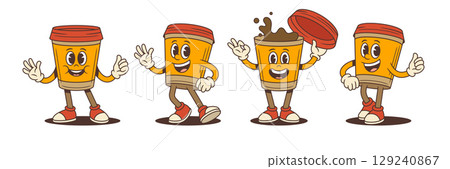 Cheerful Coffee Cup Mascots With Fun Gestures Splashing Lid And Happy Faces Vector Illustration Cheerful Coffee Cup Mascots With Fun Gestures Splashing Lid And Happy Faces Vector Illustration 129240867