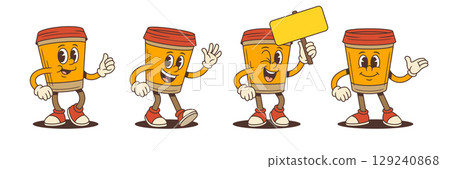 Coffee Cup Mascots With Thumbs Up Waving Holding Sign And Smiling Faces Vector Illustration Coffee Cup Mascots With Thumbs Up Waving Holding Sign And Smiling Faces Vector Illustration 129240868