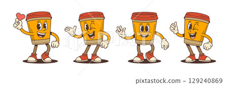Happy Coffee Cup Characters With Heart Wink Wave And Energetic Poses Vector Illustration 129240869