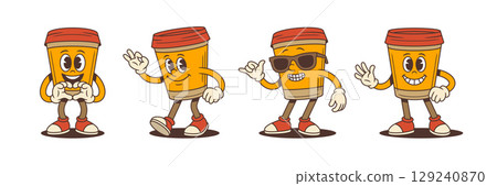 Cool Coffee Cup Mascots With Sunglasses Peace Sign Heart Gesture And Friendly Smiles Vector Illustration Cool Coffee Cup Mascots With Sunglasses Peace Sign Heart Gesture And Friendly Smiles Vector Illustration 129240870