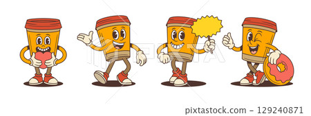 Cheerful Coffee Cup Mascots With Sunglasses Peace Sign Heart Gesture Friendly Smiles And Fun Vector Illustration Cheerful Coffee Cup Mascots With Sunglasses Peace Sign Heart Gesture Friendly Smiles And Fun Vector Illustration 129240871
