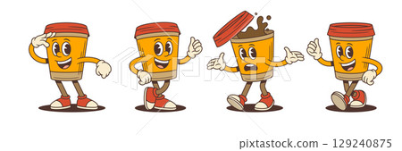 Playful Coffee Cup Mascots With Salute Thumbs Up Surprise Fun Expressions And Sneakers Vector Illustration 129240875