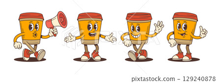 Happy Coffee Cup Mascots With Megaphone Welcome Wave And Thumbs Up Poses Vector Illustration Happy Coffee Cup Mascots With Megaphone Welcome Wave And Thumbs Up Poses Vector Illustration 129240878
