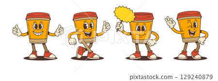 Cute Coffee Cup Mascots With Thumbs Up Peace Signs And Sign Holding Poses Vector Illustration 129240879
