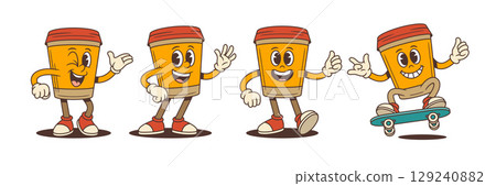 Funny Coffee Cup Mascots Winking Smiling Thumbs Up Skateboarding Wearing Sunglasses 129240882