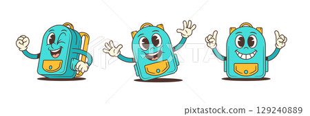Joyful Blue Cartoon Backpacks With Fun Gestures And Happy Faces For School Themes Vector Illustration 129240889