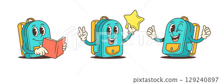Cute Cartoon Backpack Character With Star Book And Thumbs Up For School Themes Vector Illustration 129240897