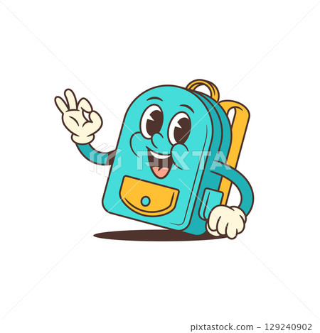 Happy School Backpack Mascot With Raised Hand And Big Smile Expressing Warm Welcome And Positivity Happy School Backpack Mascot With Raised Hand And Big Smile Expressing Warm Welcome And Positivity 129240902