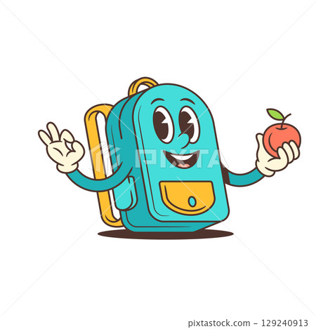 Happy Blue Backpack Mascot Holding Apple With Friendly Educational Expression Vector Illustration 129240913