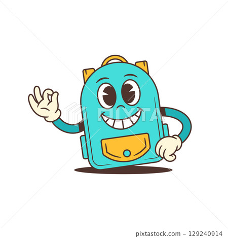 Smiling Blue School Backpack Mascot Waving Hand With Friendly Expression For Kids Vector Illustration 129240914