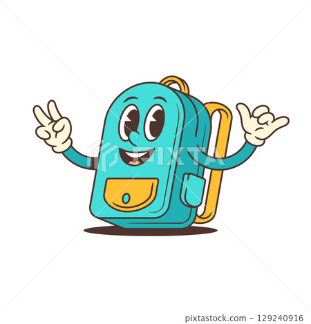 Joyful Blue Backpack Mascot With Double Peace Sign And Excited School Expression Vector Illustration 129240916