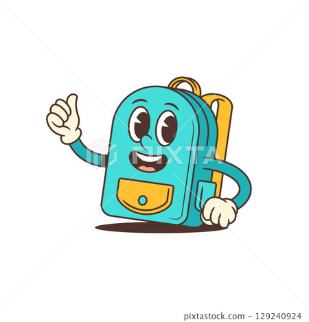 Cheerful Blue Cartoon Backpack Mascot With Thumbs Up And Big Smile For Kids Vector Illustration Cheerful Blue Cartoon Backpack Mascot With Thumbs Up And Big Smile For Kids Vector Illustration 129240924