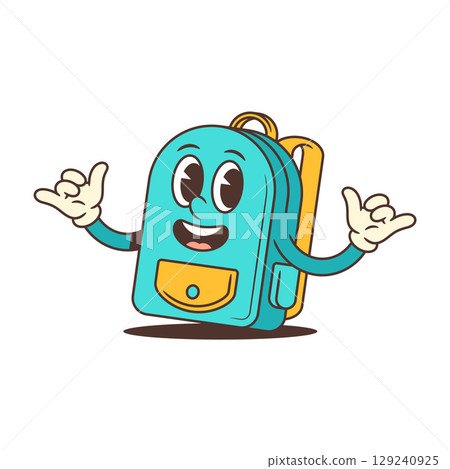 Excited Cartoon School Backpack Mascot With Raised Hands And Rock Gesture Expression Vector Illustration Excited Cartoon School Backpack Mascot With Raised Hands And Rock Gesture Expression Vector Illustration 129240925