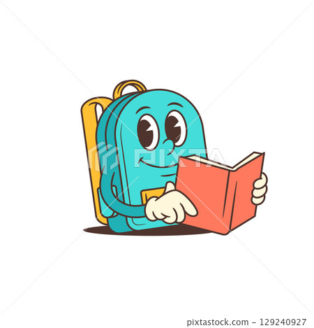 Cartoon Backpack Mascot Holding Book With Happy Face And Yellow Details For School Vector Illustration Cartoon Backpack Mascot Holding Book With Happy Face And Yellow Details For School Vector Illustration 129240927