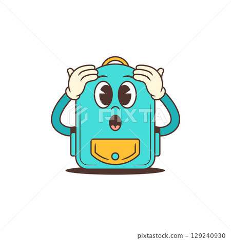 Surprised Cartoon School Backpack Mascot Holding Handle and Touching Head Friendly Expression Vector Illustration 129240930