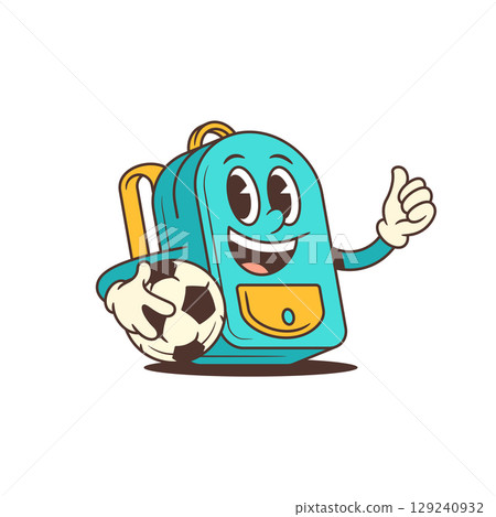 Cheerful School Backpack Mascot Holding Soccer Ball Giving Thumbs Up Energetic Friendly Character 129240932