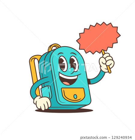 Cheerful School Backpack Mascot Holding Speech Bubble Sign Friendly Animated Character Educational Vector Illustration 129240934
