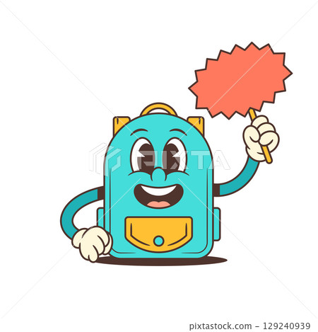 Cheerful School Backpack Mascot Holding Speech Bubble Sign Friendly Animated Character Educational Vector Illustration 129240939