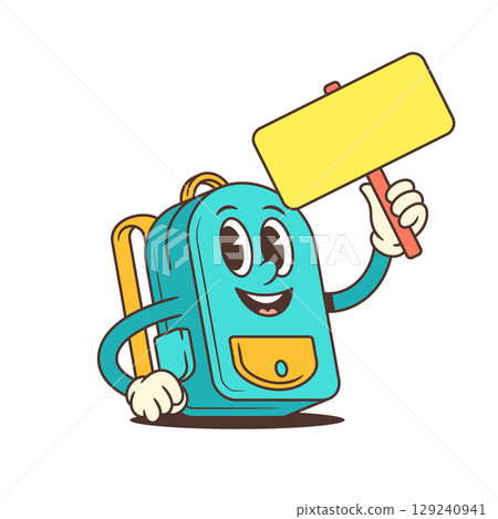 Cheerful School Backpack Mascot Holding Yellow Sign Smiling Friendly Character For Kids Vector Illustration Cheerful School Backpack Mascot Holding Yellow Sign Smiling Friendly Character For Kids Vector Illustration 129240941