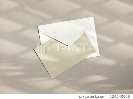 Real craft photo card envelope mockup design natural diagonal light shadow leaf organic overlay bg 129240966