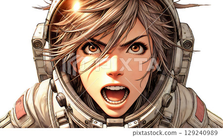 A frontal view of a screaming female space soldier, a determined futuristic warrior, and a female soldier screaming through her helmet 129240989