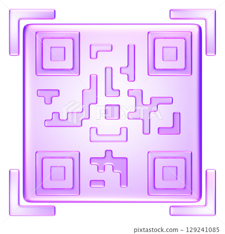 3D transparent QR code symbol in purple gradient, representing quick response scan, barcode, digital access, or mobile payment 129241085