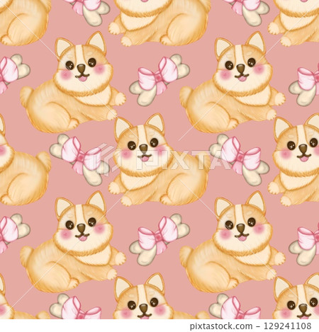 Seamless Pattern Kawaii playful Corgi and Shiba Inu dogs in various poses, Dog equipment Hand drawn, colored Background. Seamless Pattern Kawaii playful Corgi and Shiba Inu dogs in various poses, Dog equipment Hand drawn, colored Background. 129241108