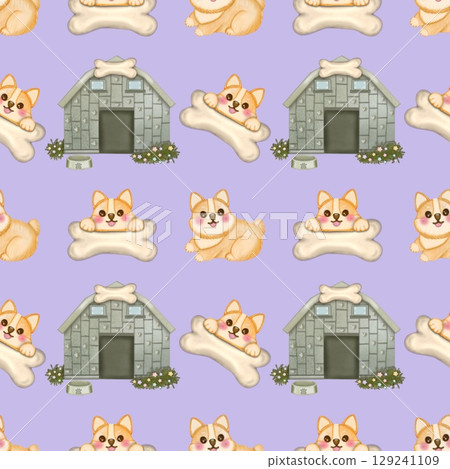 Seamless Pattern Kawaii playful Corgi and Shiba Inu dogs in various poses, Dog equipment Hand drawn, colored Background. Seamless Pattern Kawaii playful Corgi and Shiba Inu dogs in various poses, Dog equipment Hand drawn, colored Background. 129241109