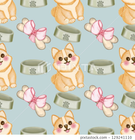 Seamless Pattern Kawaii playful Corgi and Shiba Inu dogs in various poses, Dog equipment Hand drawn, colored Background. 129241110