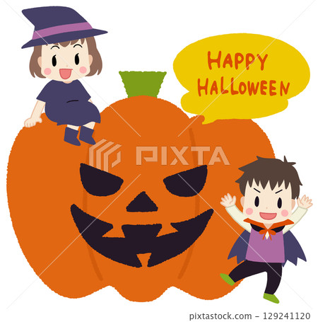 穿著萬聖節服裝和南瓜的兒童插圖 129241120