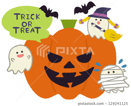 Halloween pumpkin and cute ghost character illustration 129241125