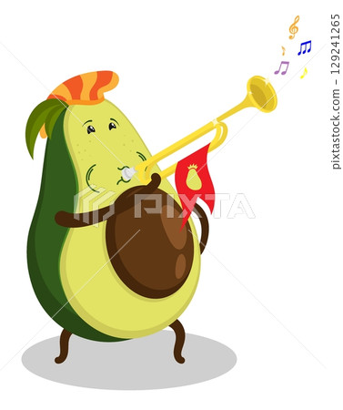 Cheerful avocado fruit a musician in medieval clothing announces an important event by attention with fanfares on a trumpet on brass trumpet. Cartoon vector isolated on white background 129241265