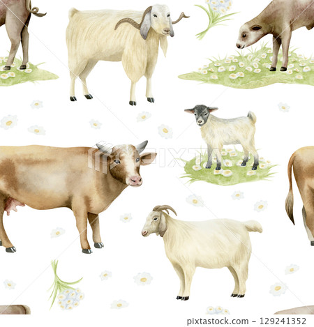 Watercolor farm animals seamless pattern isolated on white. Hand drawn cow, goats and babies on green grass meadow with wildflowers. Village eco tourist repeat background for countryside backdrop 129241352