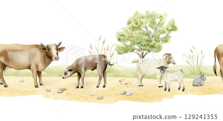 Farm animals watercolor seamless border isolated on white. Hand drawn cow, calf, goats and baby chickens on sand ground. Village horizontal illustration clip art for countryside landscape banner Farm animals watercolor seamless border isolated on white. Hand drawn cow, calf, goats and baby chickens on sand ground. Village horizontal illustration clip art for countryside landscape banner 129241355