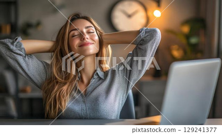 A woman with a relaxed expression and a calm interior scene 129241377