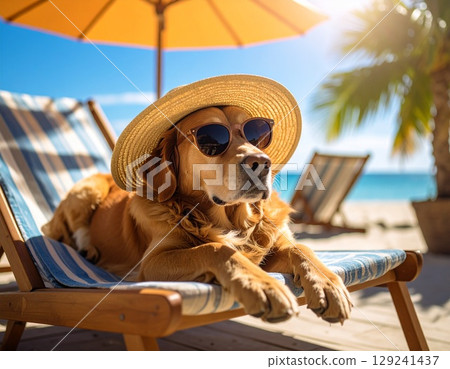戴著太陽眼鏡享受假期的狗狗 129241437