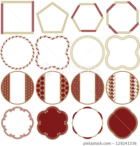Japanese-style frame set featuring traditional Japanese patterns, decorative frames, retro, red, crimson, vermilion, red and white, no text 129241536
