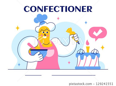 Vector Illustration of a Confectioner Chef Wearing an Apron While Preparing Delicious Desserts, Sweet Products, and Pastries in a Flat Background Vector Illustration of a Confectioner Chef Wearing an Apron While Preparing Delicious Desserts, Sweet Products, and Pastries in a Flat Background 129241551