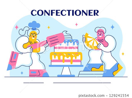 Vector Illustration of a Confectioner Chef Wearing an Apron While Preparing Delicious Desserts, Sweet Products, and Pastries in a Flat Background 129241554