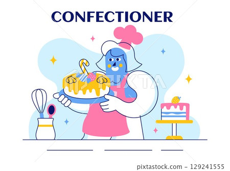 Vector Illustration of a Confectioner Chef Wearing an Apron While Preparing Delicious Desserts, Sweet Products, and Pastries in a Flat Background Vector Illustration of a Confectioner Chef Wearing an Apron While Preparing Delicious Desserts, Sweet Products, and Pastries in a Flat Background 129241555