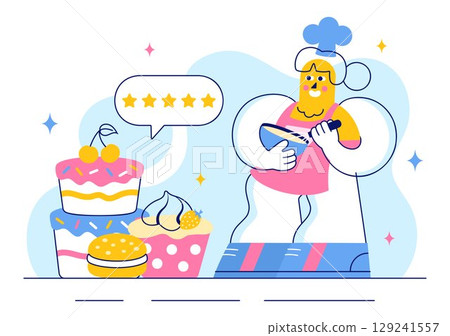 Vector Illustration of a Confectioner Chef Wearing an Apron While Preparing Delicious Desserts, Sweet Products, and Pastries in a Flat Background 129241557