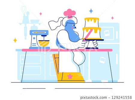 Vector Illustration of a Confectioner Chef Wearing an Apron While Preparing Delicious Desserts, Sweet Products, and Pastries in a Flat Background 129241558