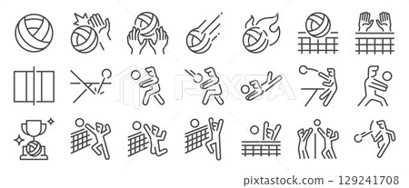 volleyball icon set. It included sport, play, game, ball, match, player, and more icons. Editable Vector Stroke. 129241708