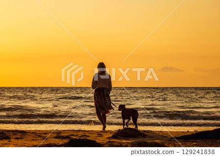 Woman strolling barefoot with a dog by the sea during a golden sunset 129241838