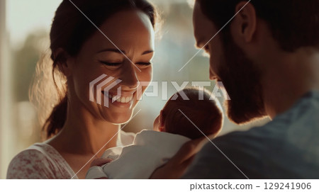 A heartwarming close-up captures a happy family moment: a mother and father, mom and dad, share a joyful smile with their newborn baby son, showcasing the love of a new couple 129241906