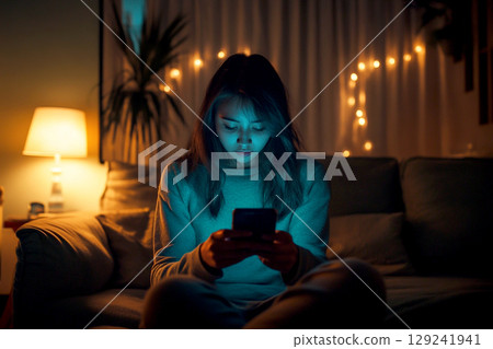 A woman is comfortably using her smartphone to watch a movie in her dark bedroom at night, while relaxing in bed. This image captures a common home leisure activity 129241941